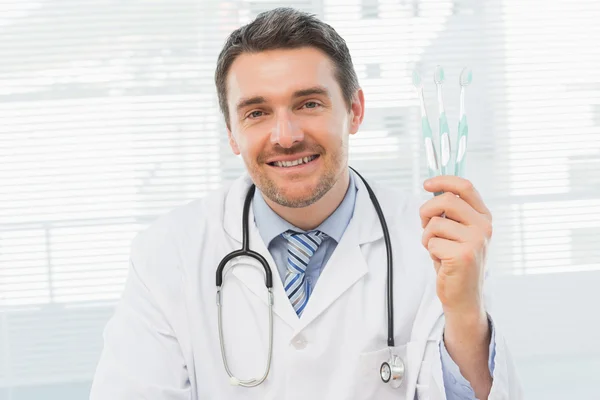 Χαμογελώντας γιατρός κρατώντας οδοντόβουρτσες στο γραφείο — Φωτογραφία Αρχείου