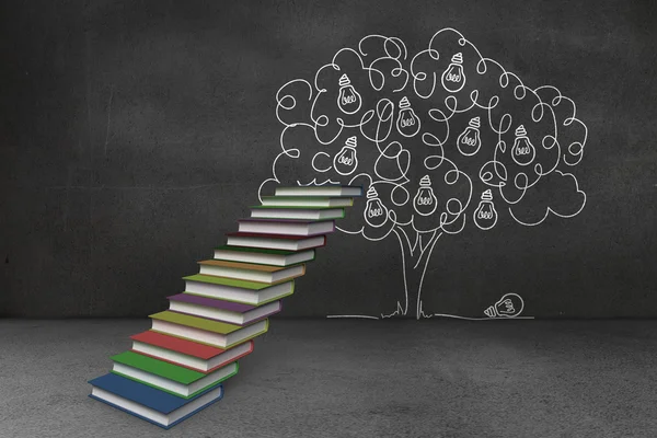 Pasos hechos de libros delante de la bombilla garabato árbol — Foto de Stock