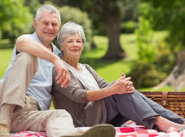 Senior koppel met picknickmand in park — Stockfoto