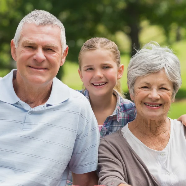 Ler högre par och barnbarn på park老夫婦と孫娘公園で笑みを浮かべてください。 — Stockfoto