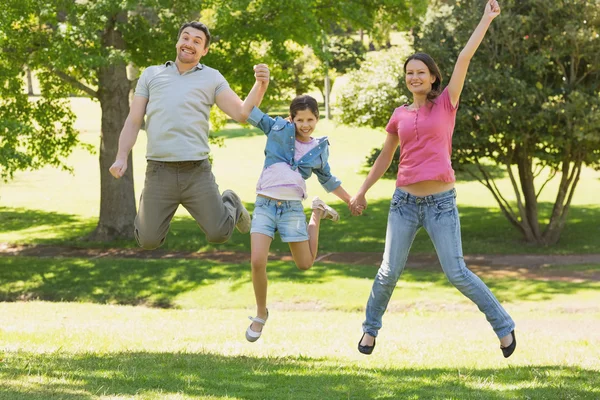 Familia de tres personas cogidas de la mano y saltando en el parque — Foto de Stock