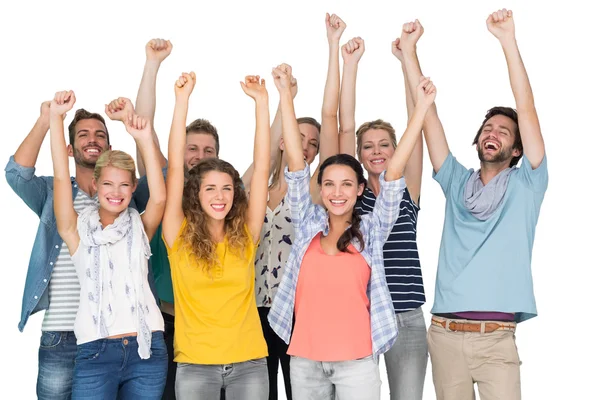 Portrait of casual cheerful people raising hands — Stock Photo, Image