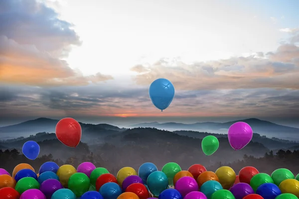 Many colourful balloons above landscape Royalty Free Stock Images