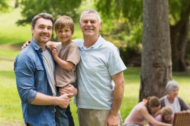 Grandfather, father and son with family in background at park clipart