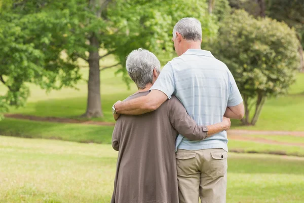 Rückansicht eines älteren Ehepaares mit herumliegenden Armen im Park — Stockfoto