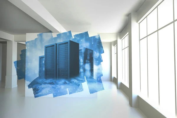 Abstract screen in room showing server towers — Stock Photo, Image