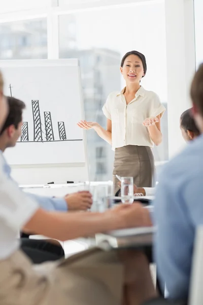 Felice donna d'affari asiatica che presenta grafico a barre ai colleghi di lavoro — Foto Stock