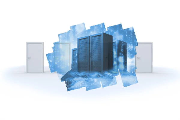 Abstract screen in room showing server towers — Stock Photo, Image