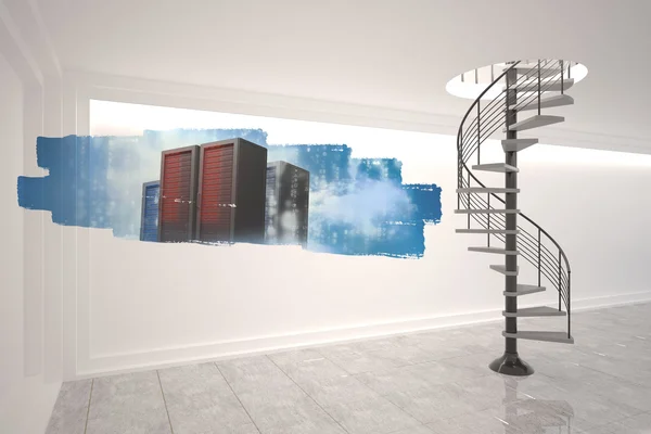 Pantalla abstracta en la habitación que muestra las torres del servidor — Foto de Stock