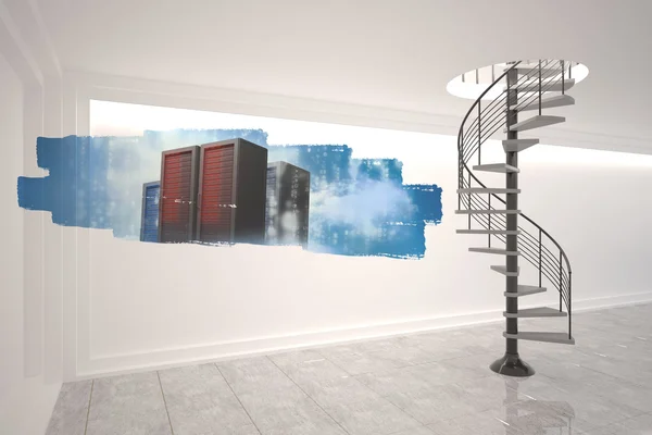 Abstract screen in room showing server towers — Stock Photo, Image