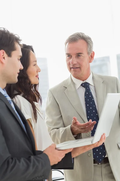 Business team standing and working on laptop together — Stock Photo, Image