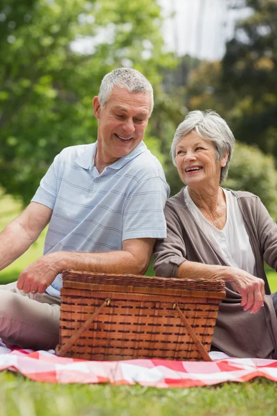 Idősebb pár, a park piknik kosár mosolyogva — Stockfoto