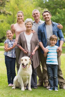 Extended family with their pet dog at park clipart
