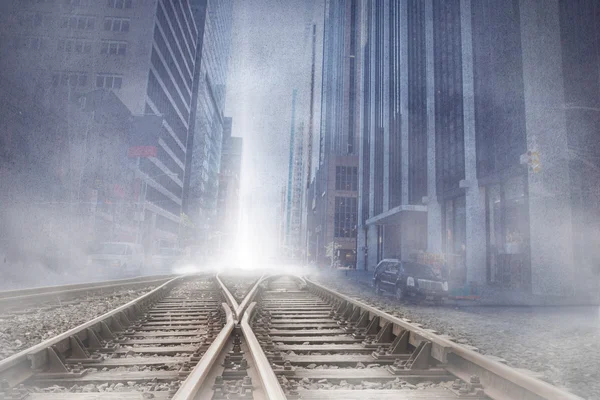 Cityscape projection over railway tracks — Stock Photo, Image