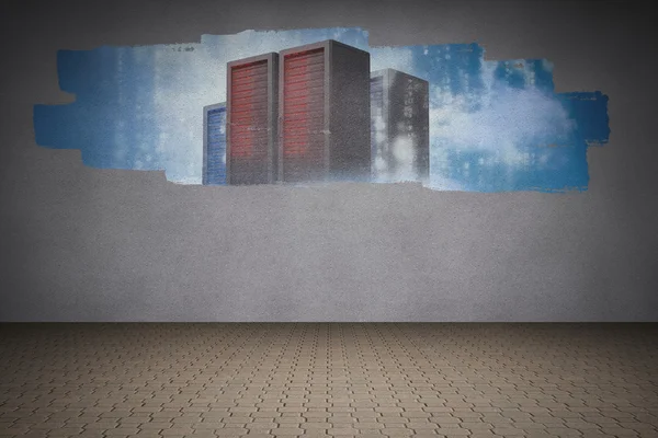 Display on wall showing server towers — Stock Photo, Image