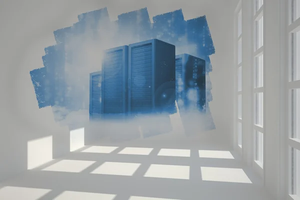 Abstract screen in room showing server towers — Stock Photo, Image