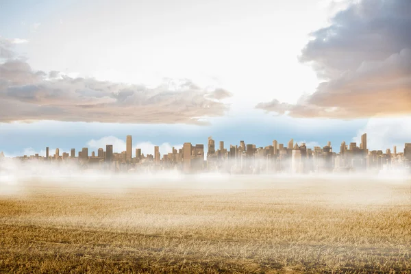 Stor stad vid horisonten förbi gult fält — Stockfoto