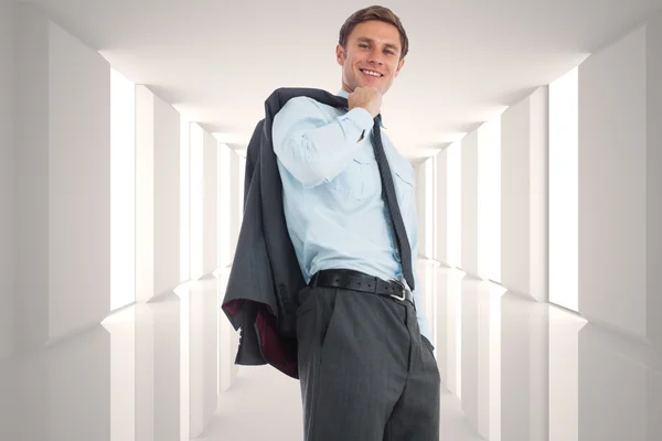 Samengestelde afbeelding van lachende zakenman houden zijn jas — Stockfoto