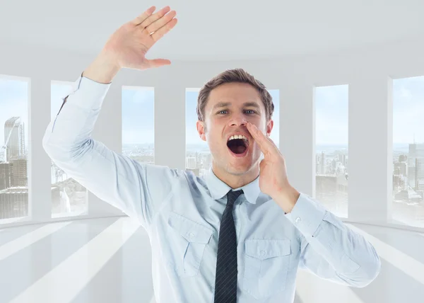 Composite image of businessman shouting and waving — Stock Photo, Image