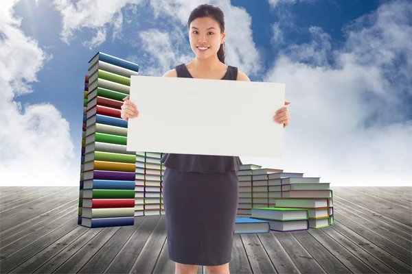 Složený obraz podnikatelka drží cedulky — Stock fotografie