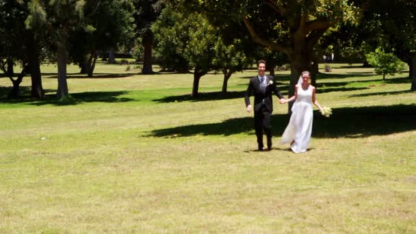 Excited newlyweds running towards the camera — Stock Video