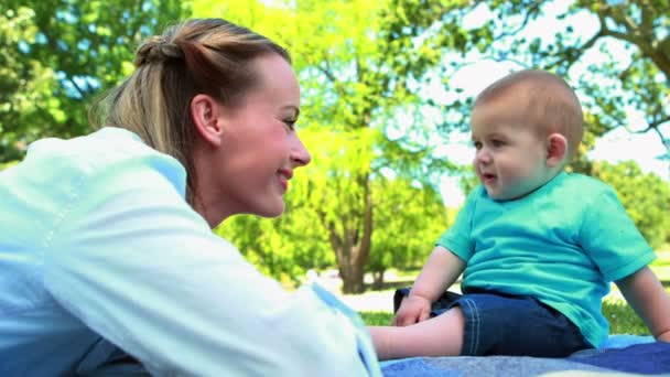 ピクニック毛布で彼女の赤ん坊の息子と遊ぶ母 — ストック動画