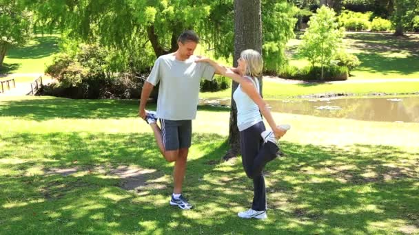 Paar stretching samen in het park — Stockvideo