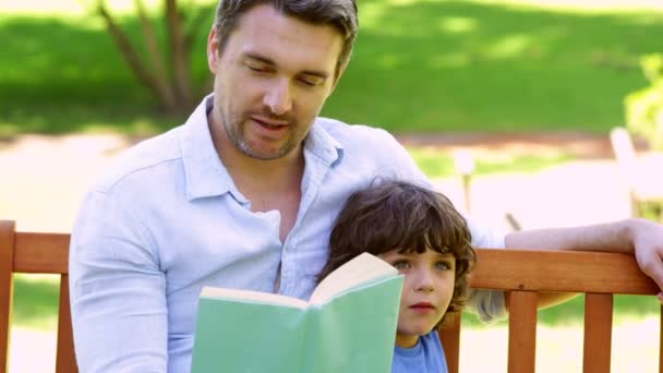 Father and son sitting on a park bench reading — Stock Video