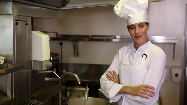 Pretty chef standing beside a large steaming pot — Stock Video