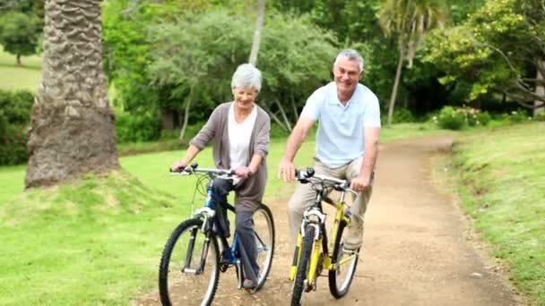 Pareja jubilada en el parque montando sus bicicletas — Vídeo de stock
