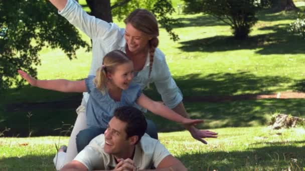 Família jogando aviões no parque — Vídeo de Stock