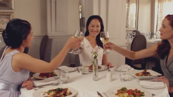 Mujeres tostadas con vino blanco en la cena — Vídeos de Stock