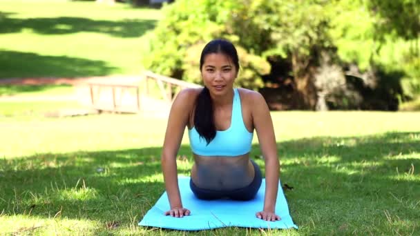 Fit asian girl doing yoga in the park — Stock Video