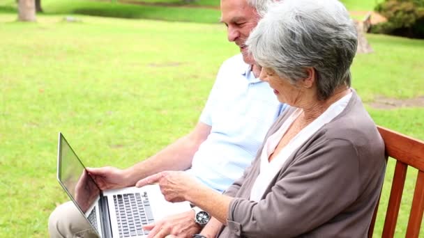 Pareja jubilada sentada en un banco del parque usando un portátil — Vídeo de stock