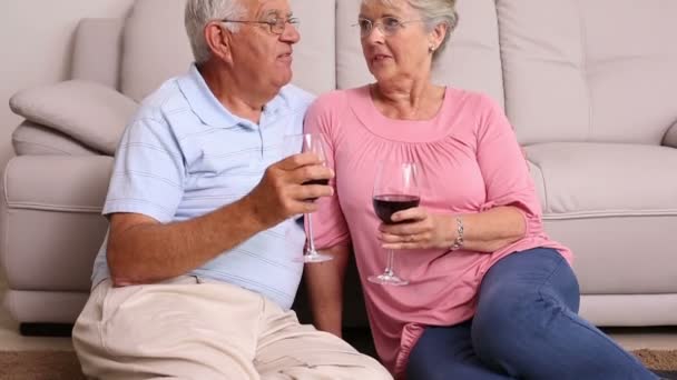 Старша пара сидить на підлозі п'є червоне вино — стокове відео