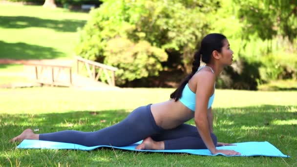 Підійде азіатська дівчина робить йогу в парку — стокове відео