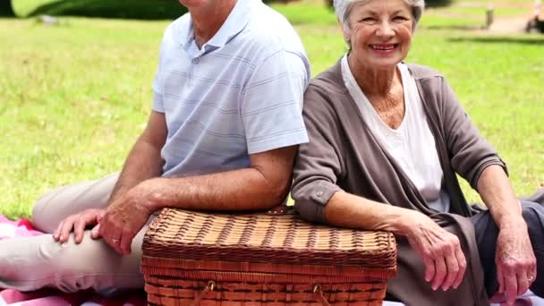 Щаслива старша пара відпочиває в парку, маючи пікнік — стокове відео