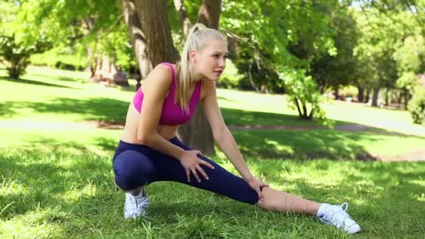 Passa blond stretching på gräset — Stockvideo