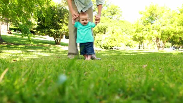 Mother helping baby son to walk on the grass — Stock Video