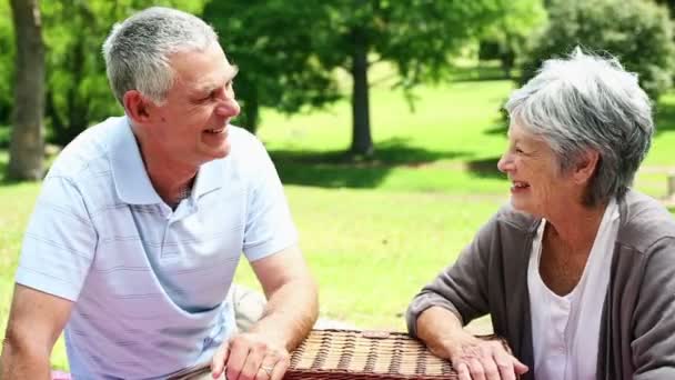 Seniorenpaar entspannt im Park mit Picknickkorb — Stockvideo