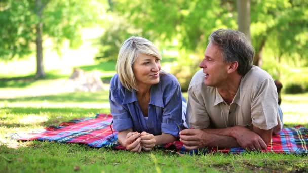 Happy couple lying on a blanket in the park — Stock Video