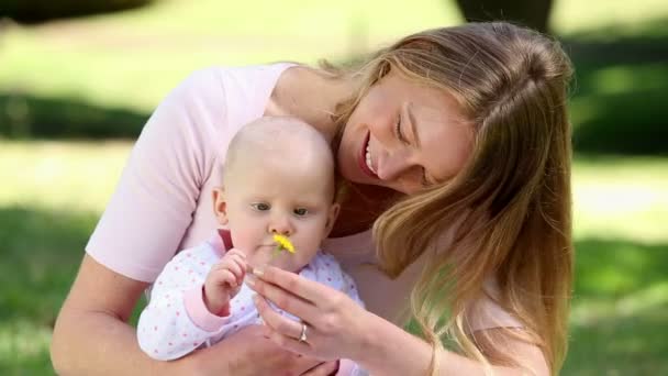 Glad mamma håller hennes flicka i parken — Stockvideo