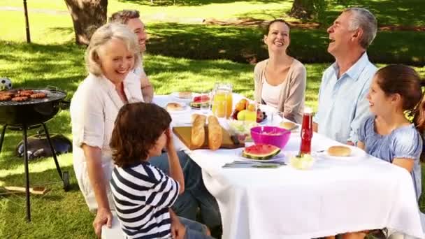 Familia feliz teniendo un picnic — Vídeo de stock