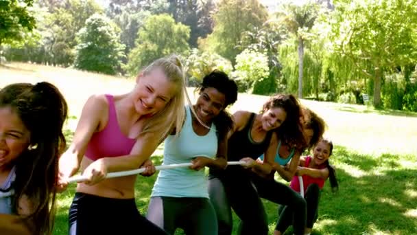 Group of fit women pulling a rope — Stock Video