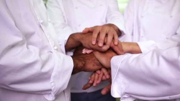 Team of chefs putting hands together and cheering — Stock Video