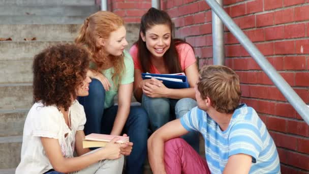 Glada studenter som sitter på steg chattar — Stockvideo