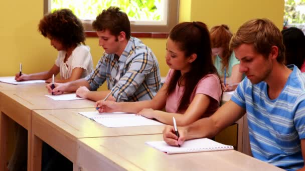 Estudantes focados sentados em uma linha de escrita em sala de aula — Vídeo de Stock