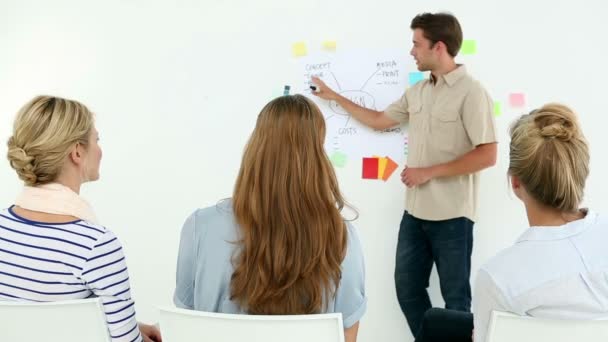 Designer apresentando suas ideias em um quadro branco para os colegas — Vídeo de Stock