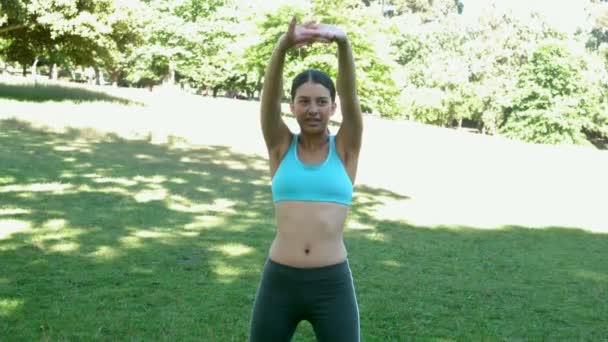 Fit brunette doing yoga in the park — Stock Video