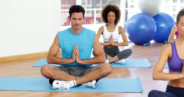 Clase de yoga sentados en loto posan juntos — Vídeo de stock
